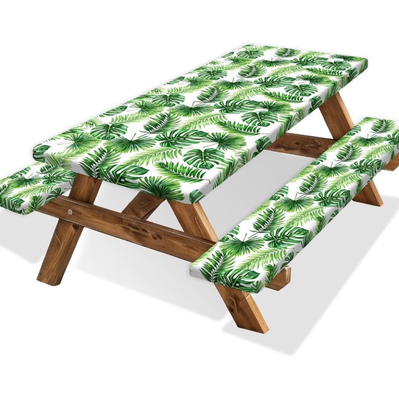 moosfor picnic table cover with bench covers, elastic fitted spandex tablecloths for 6 foot rectangle tables, stretch washable patio tablecloth for outdoor, camping (tropical vegetation, 30"x72") dark green & white 72" x 30" (rectangular)