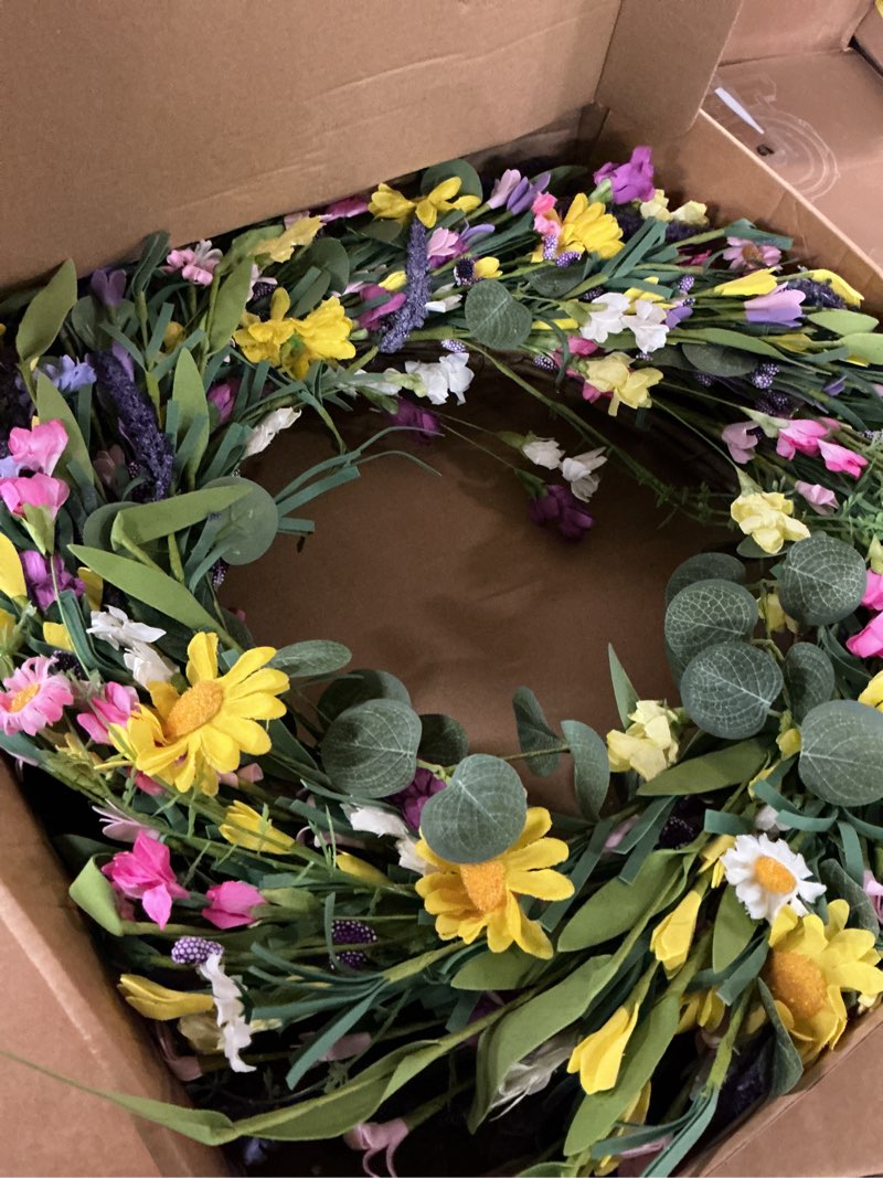 Condition photo showing Good Condition for j'floru spring wreath 24 inch summer wreaths for front door artificial flower wreath with daisy and lavender for indoor outdoor and easter celebration