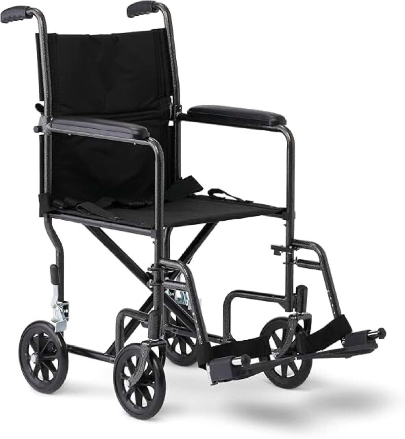Medline basic steel transport chair with 8" wheels, permanent full-length arms and swing away footre