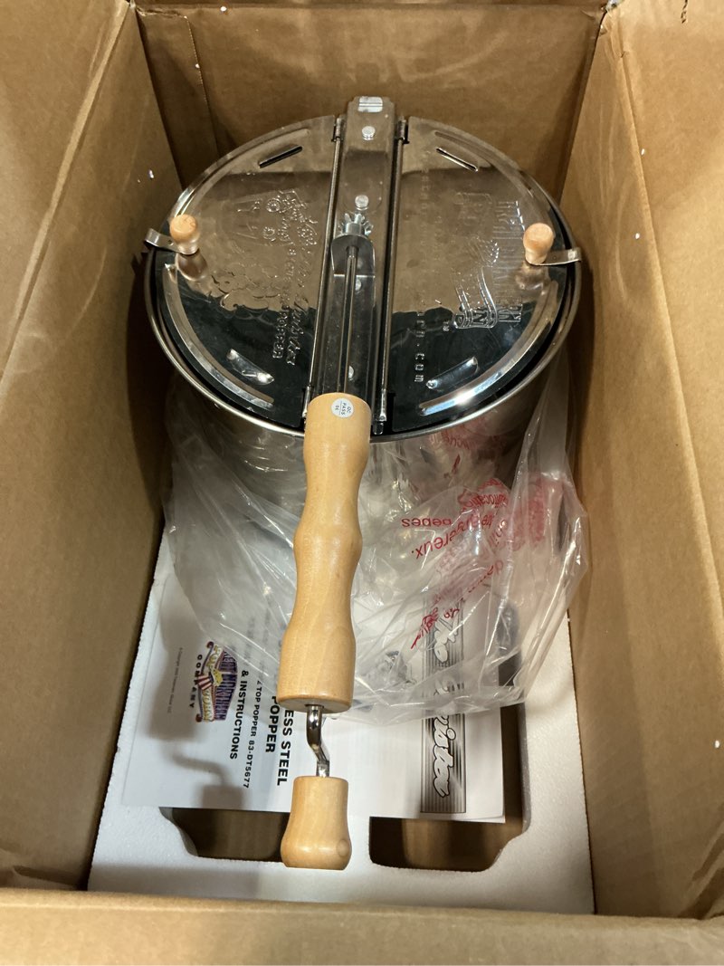Condition photo showing Good Condition for stovetop popcorn maker - 6.5-quart stainless-steel popcorn popper with a hand crank, vented lid, and stir paddle by great northern popcorn (silver) stainless steel