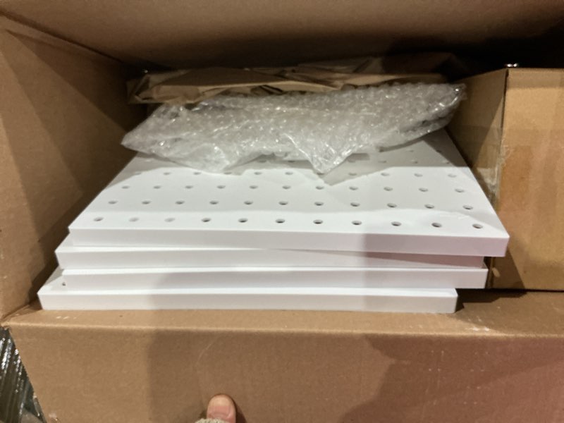 Condition photo showing Good Condition for 4-pack pegboard wall organizer, 11” x 11” wall mounted boards with 10 accessories, for study room, kitchen, garage, abs plastic, screw or adhesive installation, supports up to 110 lbs (white)