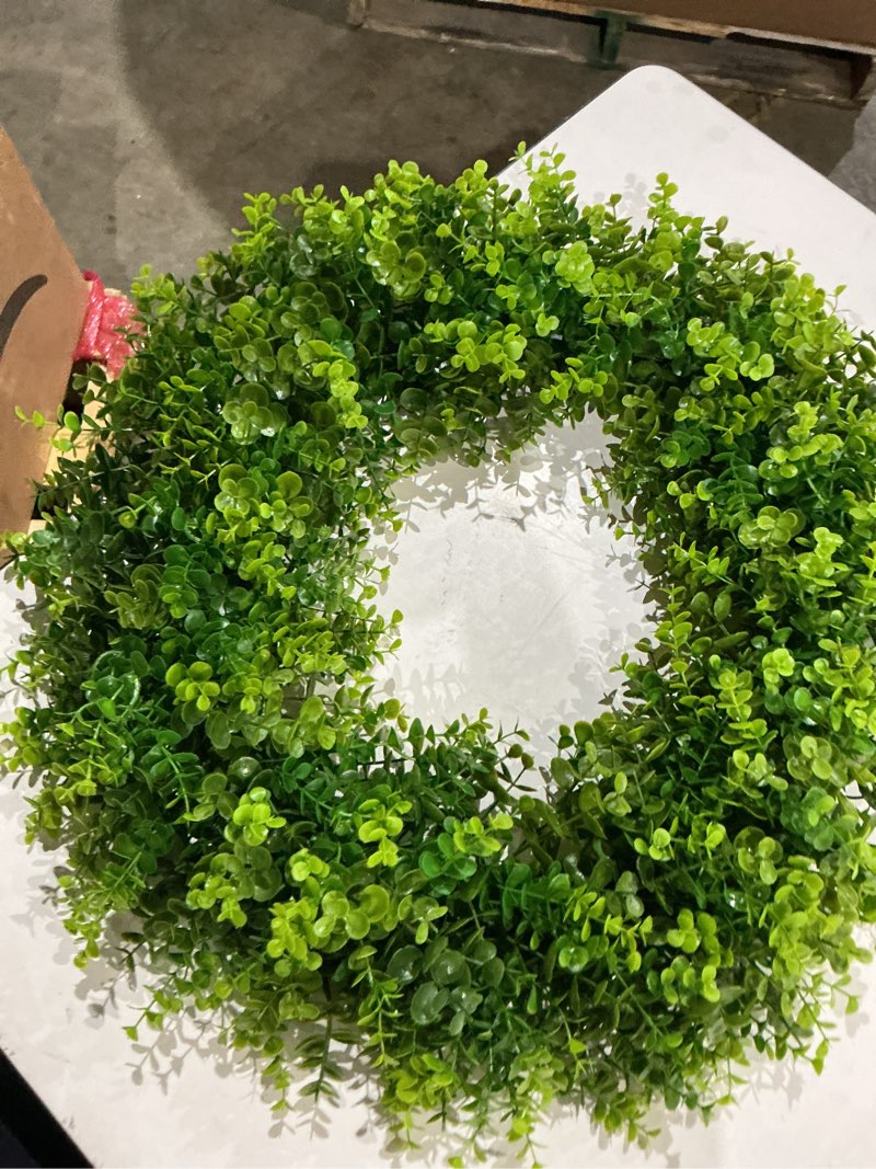 Condition photo showing Good Condition for 20-inch artificial boxwood vine wreath for front door with band and welcome sign, uv resistant, outdoor wedding hanging decoration for bridal shower, year-round weatherproof decor (green)