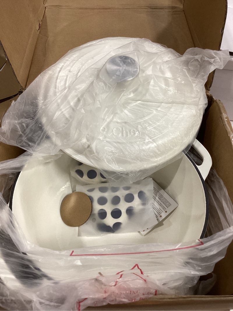 Condition photo showing New/Like New for Umite Chef 6QT Enameled Cast Iron Dutch Oven with Lid, Versatile Heavy-Duty Cookware Pot for Baking Bread, Braising, Soups & Stews, Oven & Stovetop Safe with Heat Resistant Gloves?Cream White?