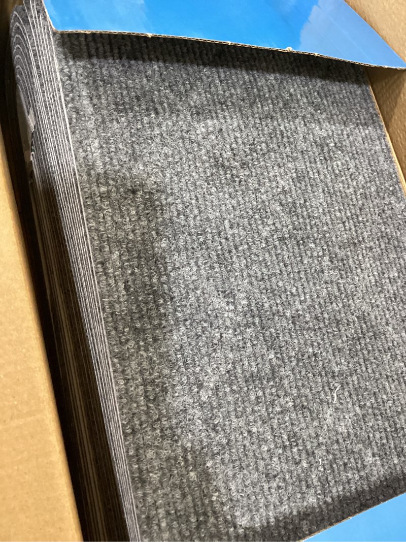 Condition photo showing Good Condition for kooteta stair treads for wooden steps indoor, 15 pack 8" x 30" non slip carpet stair treads with reusable adhesive for kids elders and dogs, surface polyester tpr backing stair runner rugs, dark grey 8" x 30" dark grey 15