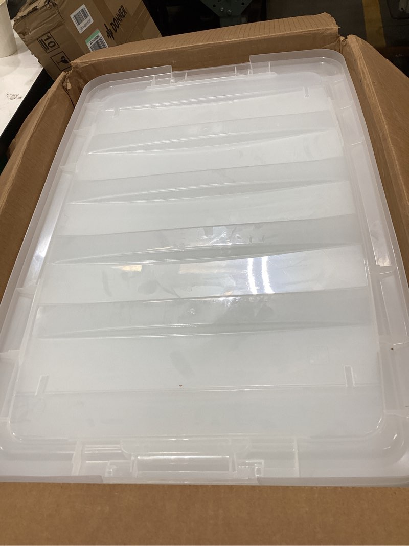 Condition photo showing As Is for iris usa 72 qt stackable plastic storage bins with lids, 6 pack - bpa-free, made in usa - see-through organizing solution, latches, durable nestable containers, secure pull handle - clear