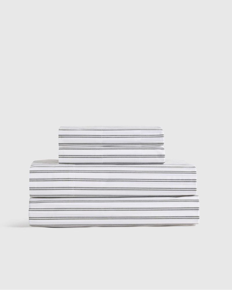 classic organic percale double stripe sheet set in white/pine size king