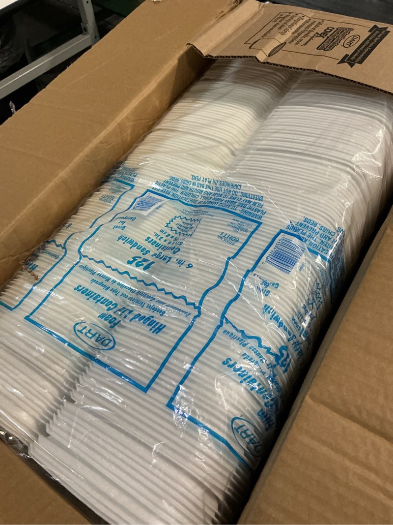 Condition photo showing New/Like New for dart 60ht1 6 in lg sandwich foam hinged container (case of 500), white,5.9" length x 6" width x 3" height