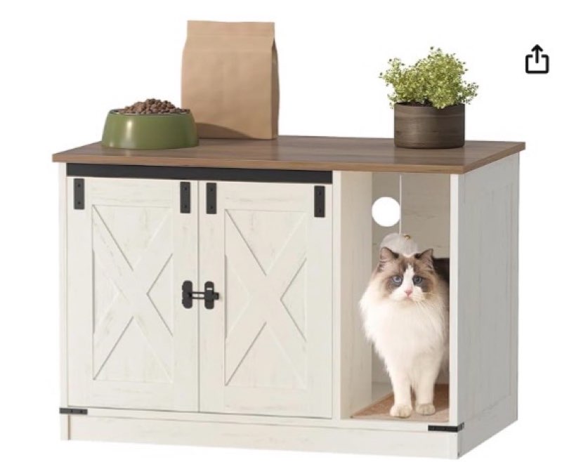 Hzuaneri Cat Litter Box Enclosure, Hidden Litter Box Furniture with Cat Bell, Indoor Cat House, Farmhouse Style, 80 × 50 × 53 CM, for Hallway, Bedroom, Rustic White and Brown