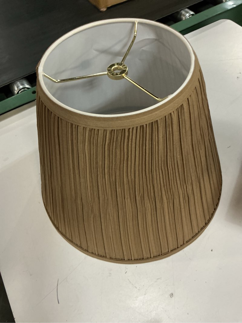 Condition photo showing As Is for aspen creative 32072, hardback empire transitional spider lamp shade, mushroom pleated sienna brown, 7" top x 13" bottom x 10" slant