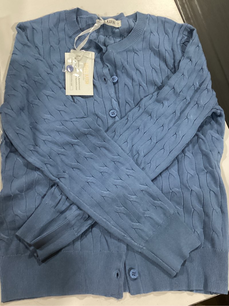 Condition photo showing New/Like New for grace karin womens long sleeve button up cable knit cardigan lightweight 2026 crewneck button down sweaters for women medium blue gray