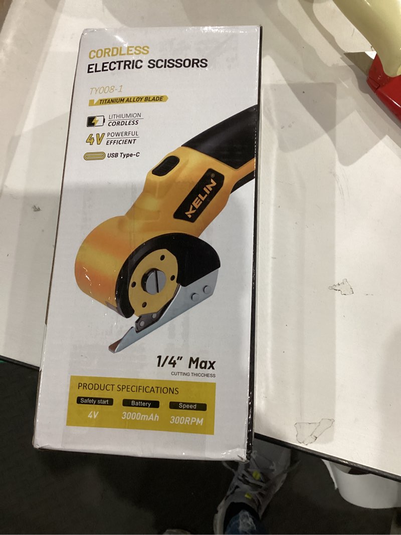 Condition photo showing New/Like New for cordless electric scissors, 3000mah rechargeable rotary cardboard cutter with 4 blades, safety lock & led light, storage box, 300rpm, electric box cutter for fabric carpet carton plastic leather cloth high-carbon steel blades version