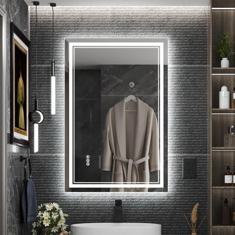Condition photo showing As Is for ratsamee 24x36 inch led mirror for bathroom with front light and backlit, bathroom mirror with led lights, vanity mirror with lights for wall, anti-fog, dimmable, memory function, tempered glass