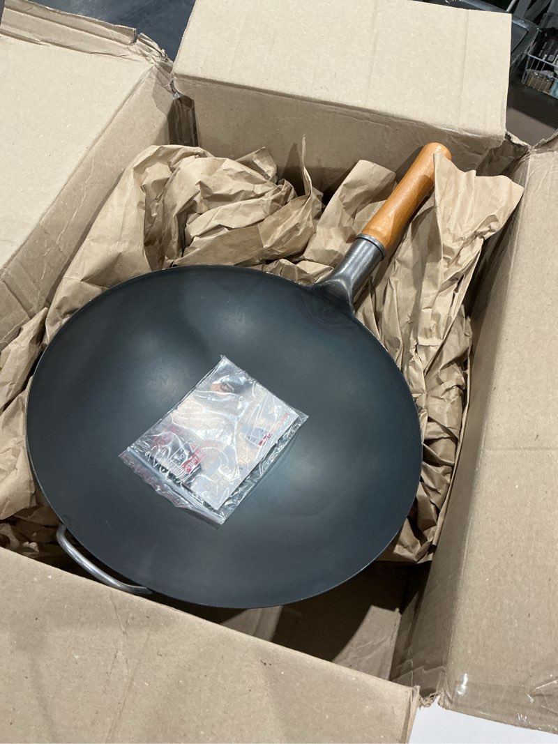 Condition photo showing Good Condition for yosukata 14" carbon steel wok with round bottom – pre-seasoned pow wok for stir fry – traditional chinese japanese black steel pan – outdoor cookware for gas stovetops, open fire, bbq, camping