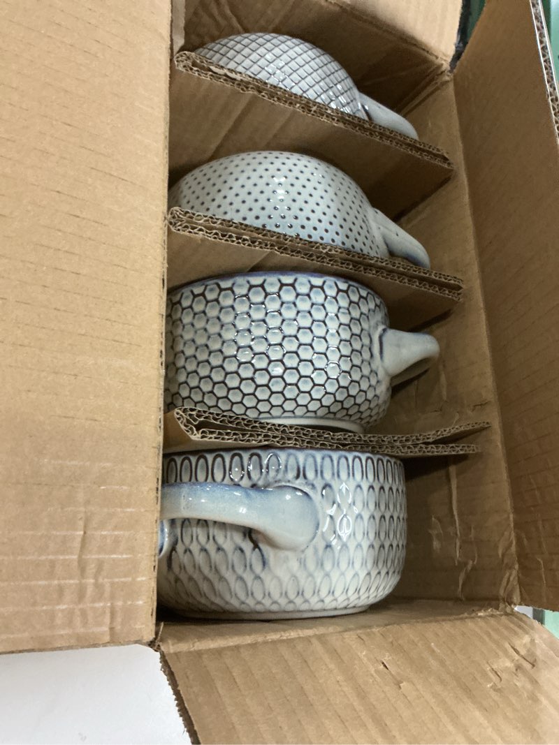 Condition photo showing Good Condition for Ceramic Soup Bowls Set of 2 - 27 Oz French Onion Soup Crocks with Handles - Embossed Stoneware Bowls for Soup Cereal Beef Stew Chili - Microwave Dishwasher Oven Safe - Set of 2