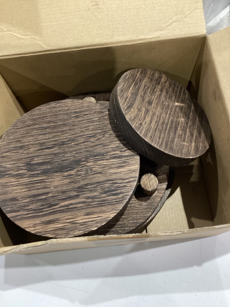 Condition photo showing Good Condition for geetery 4 pcs wooden risers for display wood pedestal stand mini tray stand round wooden pedestal holder rustic riser for decor tiered tray decor home kitchen, 5/6/7/8 inch(brown)