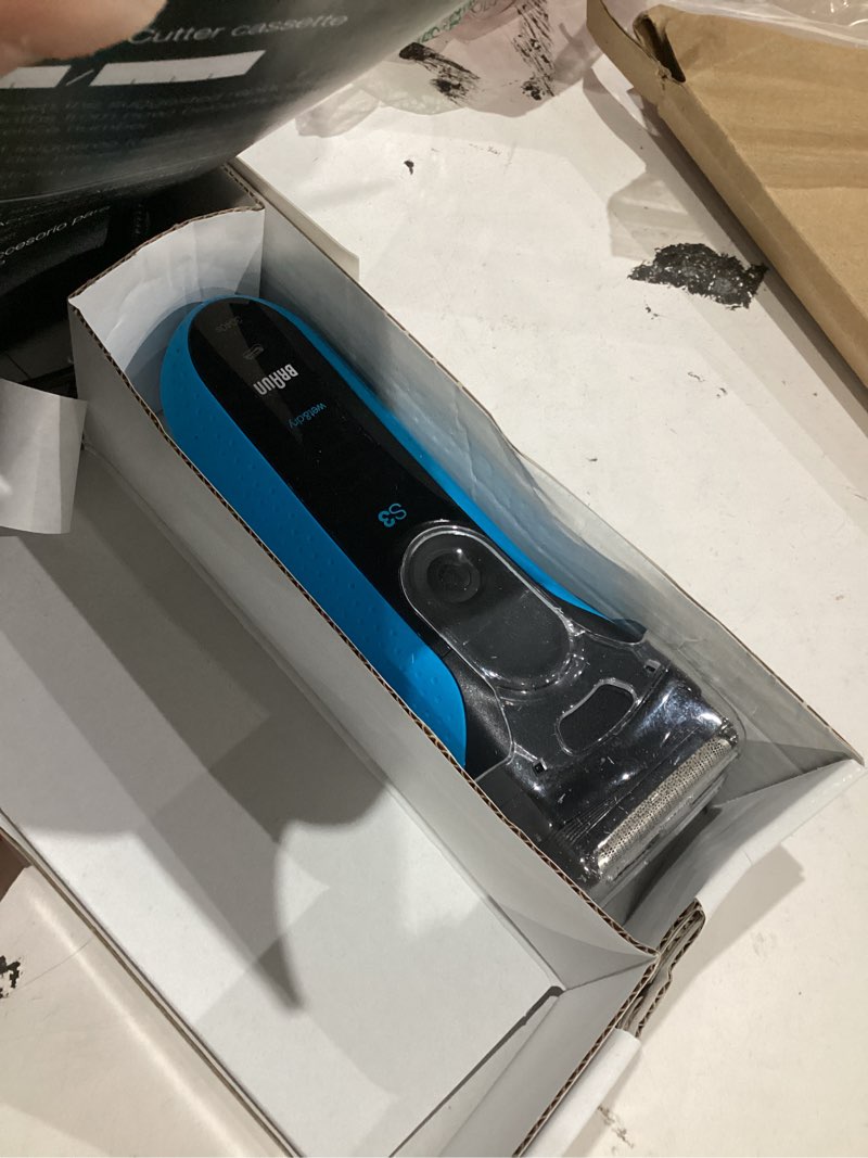 Condition photo showing As Is for braun electric series 3 razor with precision trimmer, rechargeable, wet & dry foil shaver for men, blue/black, 4 piece 4 piece set series 3 shaver
