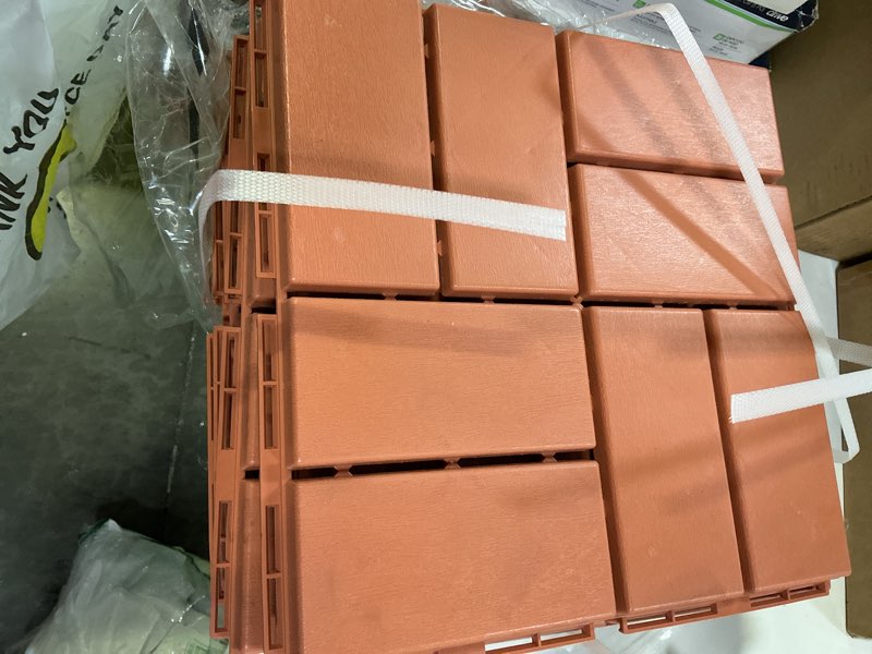 Condition photo showing As Is for goovilla plastic interlocking deck tiles, 9 pack outdoor patio flooring, 12"x12" interlocking decking tile outdoor all weather use, waterproof patio pavers for pool balcony backyard porch, khaki 12"*12" khaki 9