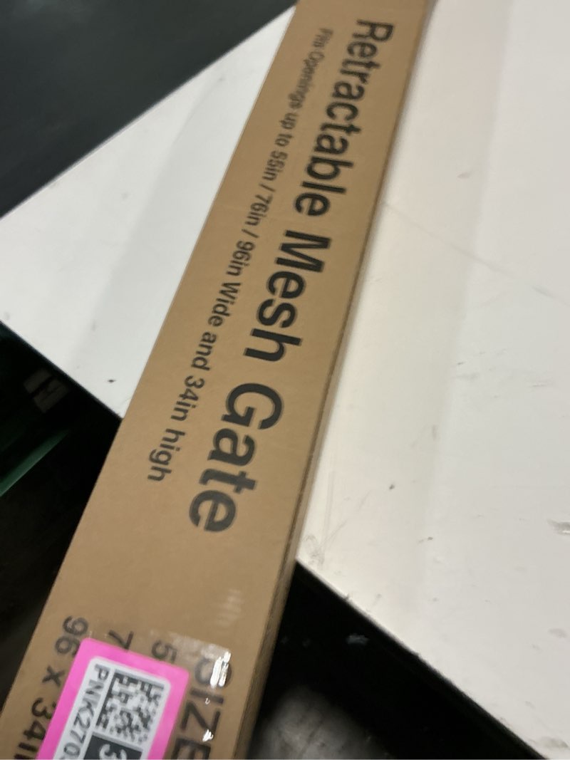 Condition photo showing New/Like New for Retractable Baby Gate for Stairs, 55" Wide Mesh Dog Gate Indoor, 34" Tall Child Gate for Doorways, Hallways, Deck, Indoor Outdoor Pet Baby Safety Essentials for Home, White White 34" Tall x 55" Wide