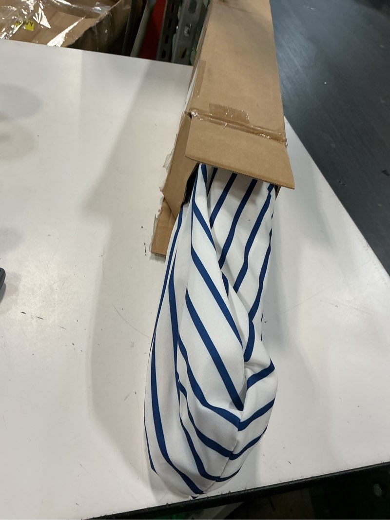 Condition photo showing Good Condition for 7.5ft patio beach umbrella with fringe & tassel, upf50+ push button tilt & crank, ideal for garden, lawn, deck, yard & pool blue white stripe