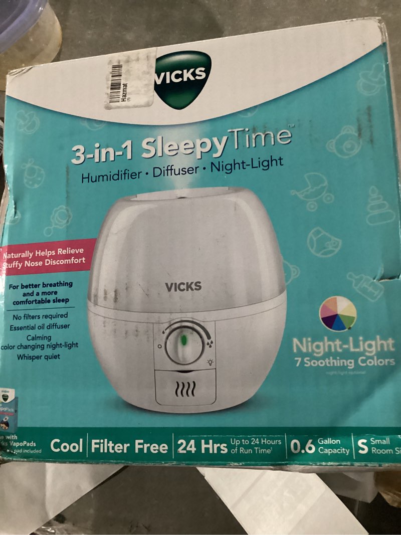 Condition photo showing Good Condition for Vicks Cool Mist 3-in-1 SleepyTime Humidifier for Baby & Kids with Color Changing Night Light and Essential Oil Diffuser