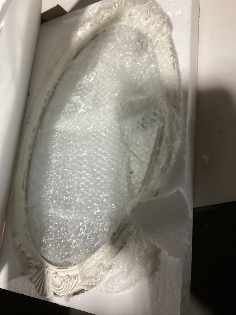 Condition photo showing Good Condition for Sintosin Antique Arendahl Glam Ornate Oval Mirror 24" X 14", Hanging Distressed White Vintage Mirrors for Wall Decor Living Room, Wood Mirrors for Bathroom Entryway, Horizontal or Vertical