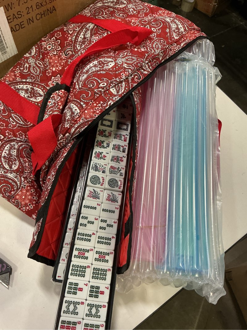Condition photo showing Good Condition for american mahjong game set, 166 white tiles, 4 all-in-one color rack/pushers, complete mahjong tile set red printed carrying bag
