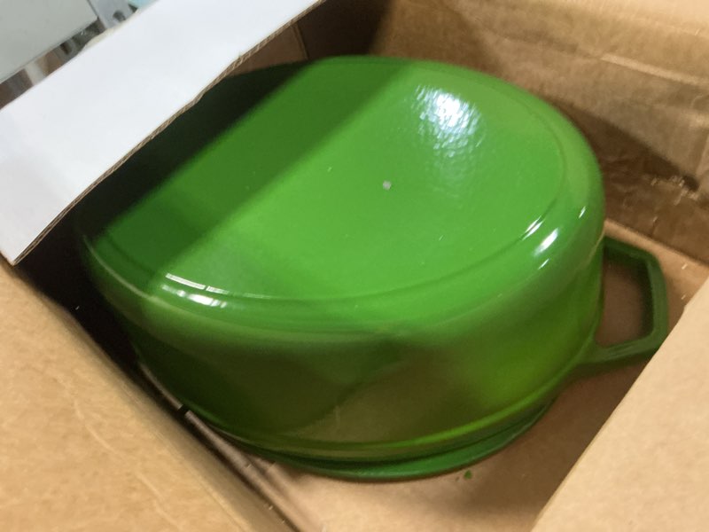 Condition photo showing As Is for vancasso enameled cast iron dutch oven, 9.3 quart dutch oven pot with lid, oval dutch oven cast iron pot with non stick enamel coating for bread baking 9.3 qt-oval green