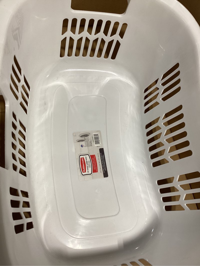 Condition photo showing As Is for rubbermaid large hip-hugger laundry basket/hamper, 1.5-bushel, white, stackable storage bin/organizer for bathroom/bedroom/dorm/home 1.5 bushel large hip hug basket