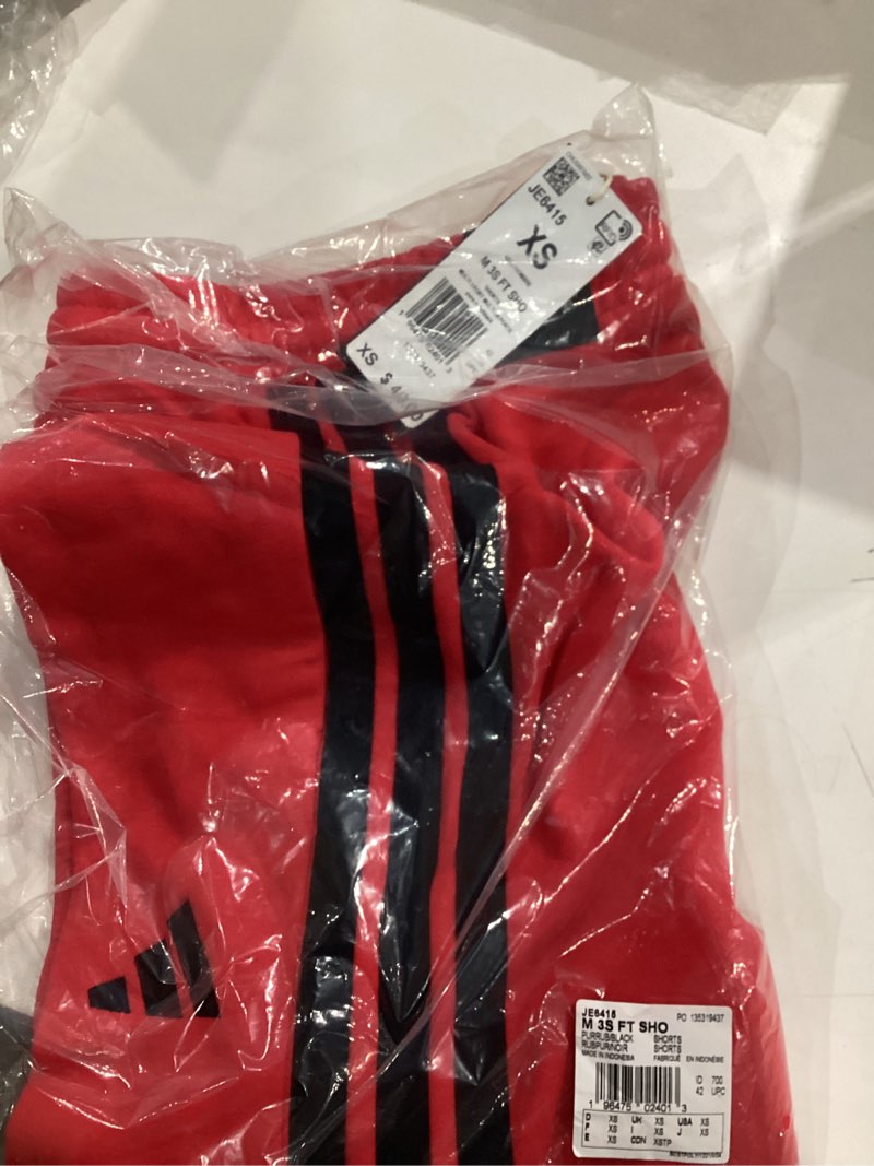 Condition photo showing New/Like New for Adidas Mens Essentials 3-Stripes French Terry 7-inch Shorts X-Small Pure Ruby/Black