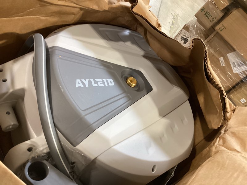 Condition photo showing Good Condition for ayleid retractable garden hose reel,5/8 in x 100 ft wall mounted hose reel, with 9- function sprayer nozzle, any length lock/slow return system/wall mounted/180°swivel bracket (gray) light gray 5/8 100ft
