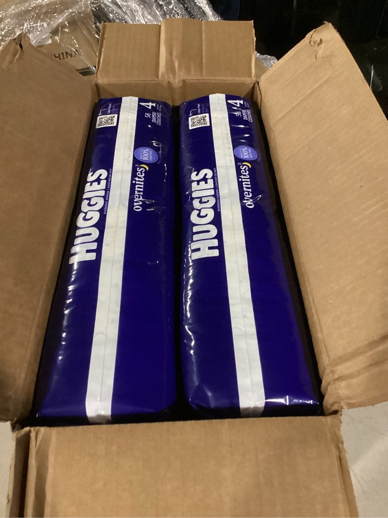 Condition photo showing New/Like New for Huggies Size 4 Overnites Baby Diapers: Overnight Diapers, Size 4 (22-37 lbs), 116 Ct (2 Packs of 58), Packaging May Vary Size 4 116