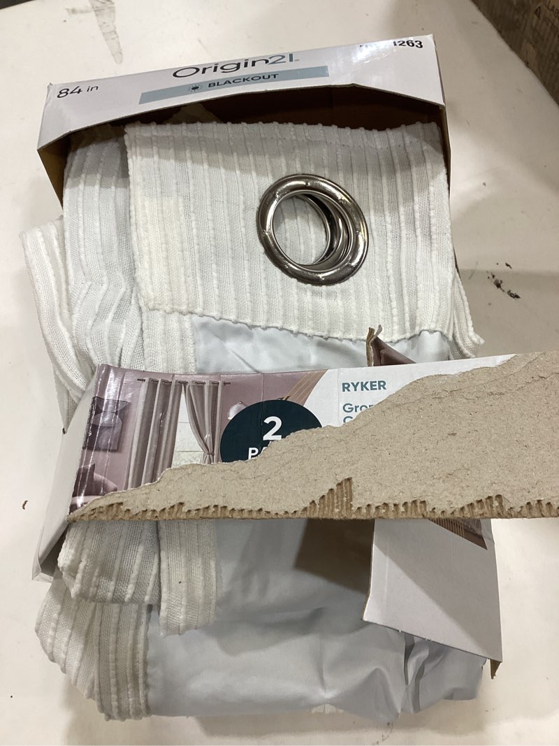 Condition photo showing As Is for origin 21 84-in ivory blackout interlined grommet curtain panel pair