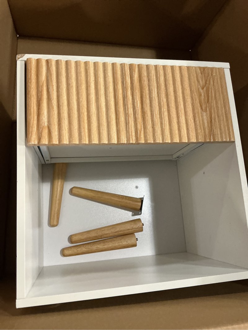 Condition photo showing As Is for Fluted Nightstand, Modern Bedside Table with Storage Drawers and Open Wood Shelf, Night Stand with Solid Wood Legs, End Tables Side Tables for Living Room, Bedroom White+oak