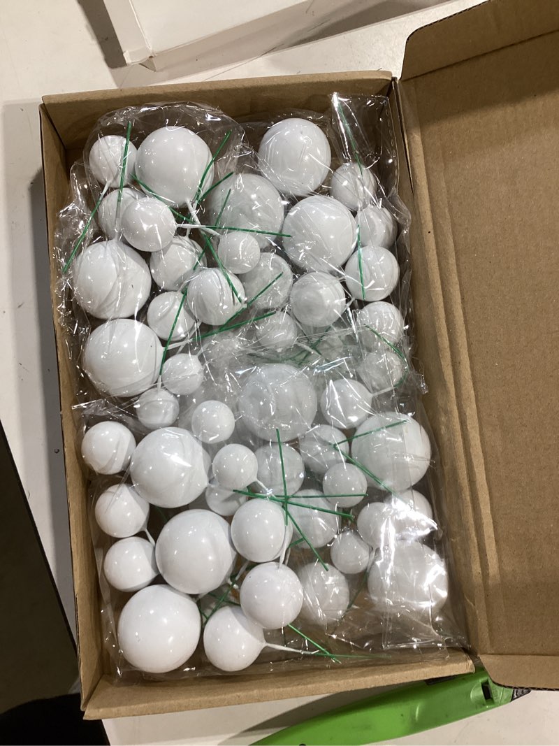 Condition photo showing New/Like New for bouboni 48 pcs white balls cake topper decorations balloon cupcake toppers foam cake topper balls ca