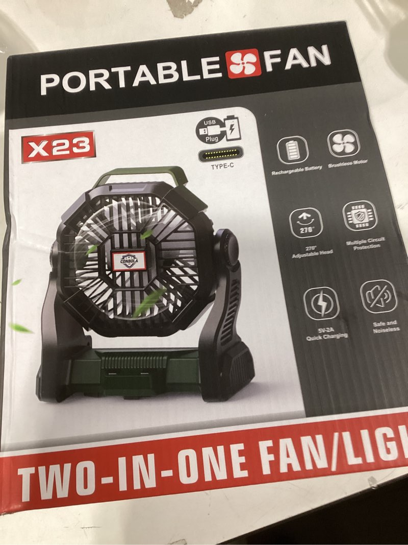 Condition photo showing New/Like New for Portable Fan Rechargeable, 25400mAh Cordless Battery Powered Fan with LED Lantern, USB C Battery Operated for Travel Bedroom Home Camping Tent Office Beach Desk Fishing Table Black 25400mAh