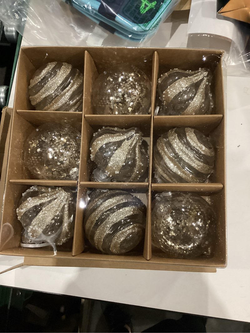 Condition photo showing New/Like New for 9 Pcs 3.15" Clear Christmas Ball Ornaments Xmas Ball Decorations Set Shatterproof Decorative Hanging Ornaments for Christmas Tree Home Wedding Party Office Decor(Champagne)