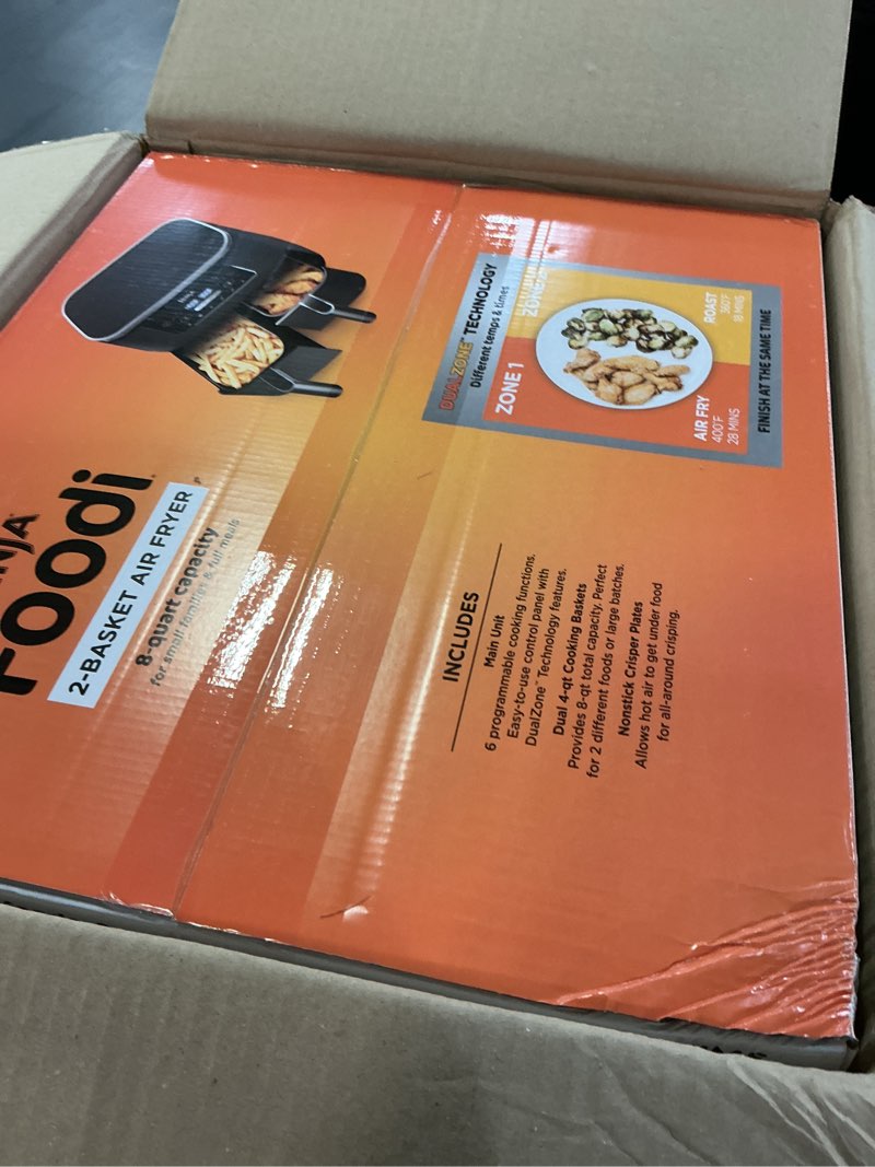 Condition photo showing New/Like New for Ninja DZ201 Foodi 8 Quart 6-in-1 DualZone 2-Basket Air Fryer with 2 Independent Frying Baskets, Match Cook & Smart Finish to Roast, Broil, Dehydrate & More for Quick, Easy Meals, Grey