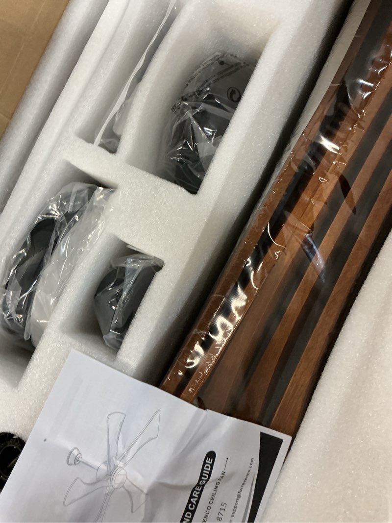 Condition photo showing New/Like New for 60 inch ceiling fans with lights and remote, usa original patent modern ceiling fan, etl listed, 3 downrods, 5 blades, 6 speeds reversible quiet dc motor indoor outdoor fans,60" walnut wood walnut wood 60"