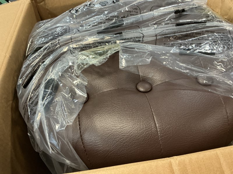 Condition photo showing Good Condition for songmics round ottoman, ottoman with storage, 17.7 x 17.7 x 17.5 inches, foot rest with legs, synthetic leather, load up to 330 lb, for living room, bedroom, chestnut brown ulom014k01 chestnut brown 17.7"d x 17.7"w x 17.5"h classic
