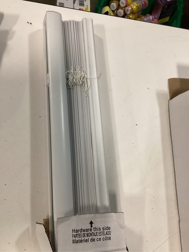 Condition photo showing As Is for project source light filtering 1-in slat width 34-in x 64-in cordless white vinyl light filtering mini-blinds 2pc