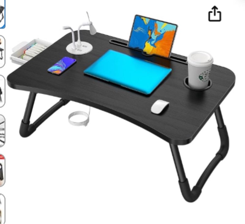 Elekin Folding Lap Desk for Laptop?Portable Laptop Desk Bed Table Standing Work Table Bed Tray with 4 USB Port/Cup Holder/Drawer for Bed Couch/Sofa (Mini Lamp,Fan