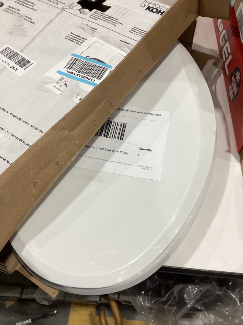 Condition photo showing Good Condition for KOHLER 4636-RL-0 Cachet ReadyLatch Elongated Toilet Seat Slow Close, Soft Close Toilet Seat Quiet Lid, Contoured Grip-Tight Bumpers Installation Hardware, Apartment Essentials, White White Elongated Ready Latch