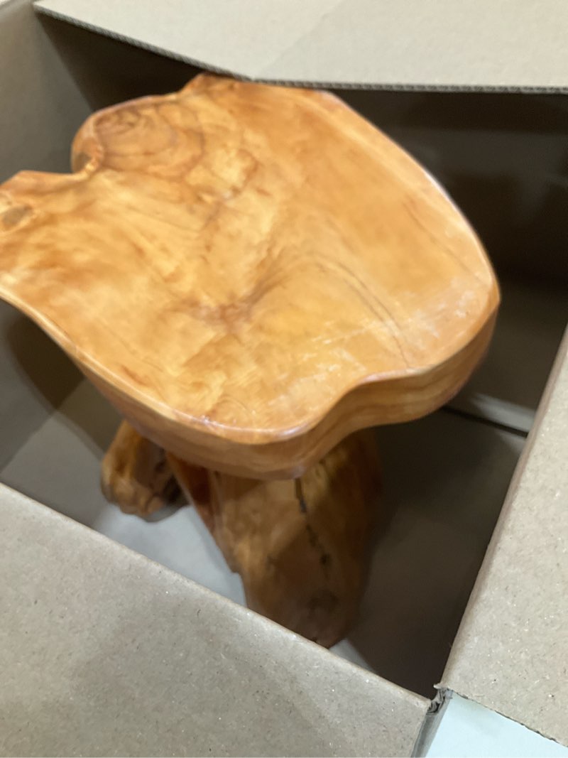 Condition photo showing As Is for greenage cedar roots flower stand stool tree stump end table 13.5" x 15.5" x 19" h live edge wood side table for living room bedroom garden