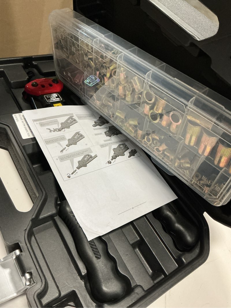 Condition photo showing Good Condition for 16-inch rivet nut tool kit, with17 metric and sae mandrels, 256pcs assorted rivet nuts, and rugged carrying case