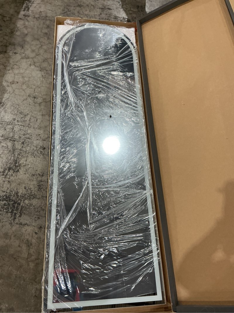 Condition photo showing New/Like New for dumos arched full length mirror with light-15.7×59.8" led floor standing mirror with 3 color lights & wall mounted for bedroom, dressing room, living room, bathroom white- arched 59.8"l x 15.7"w