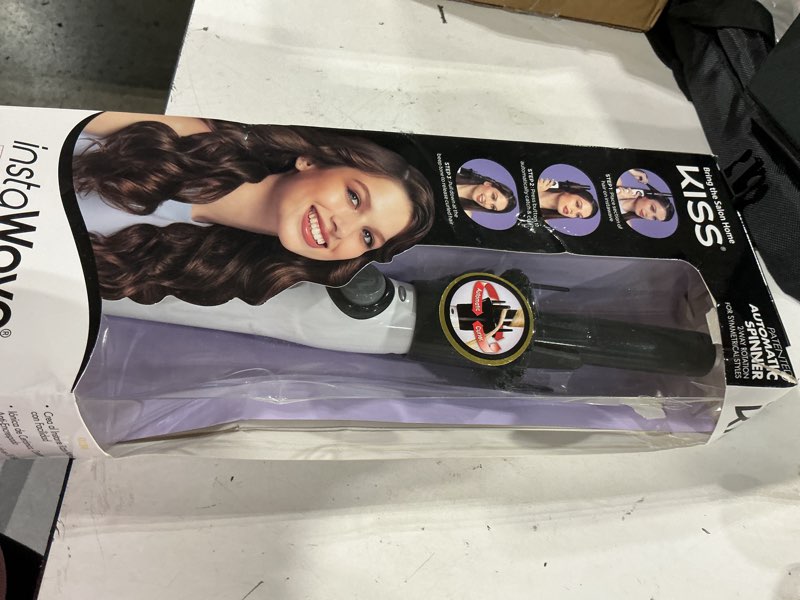 Condition photo showing Good Condition for kiss instawave deluxe automatic curling iron, black & white, 1" curling wand, 2-way self-rotating ceramic ionic hair curler for loose or tight curls, dual heat settings up to 420°f, tangle prevention