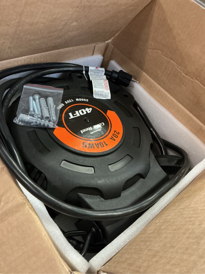 Condition photo showing Good Condition for DEWENWILS Retractable Extension Cord Reel, 40FT 10AWG/3C SJTW Heavy Duty Power Cord, 4 Grounded Outlets, 20 Amp Circuit Breaker, 2500W, 180° Swivel Bracket for Ceiling/Wall Mount, ETL Listed 10AWG/3C 40FT