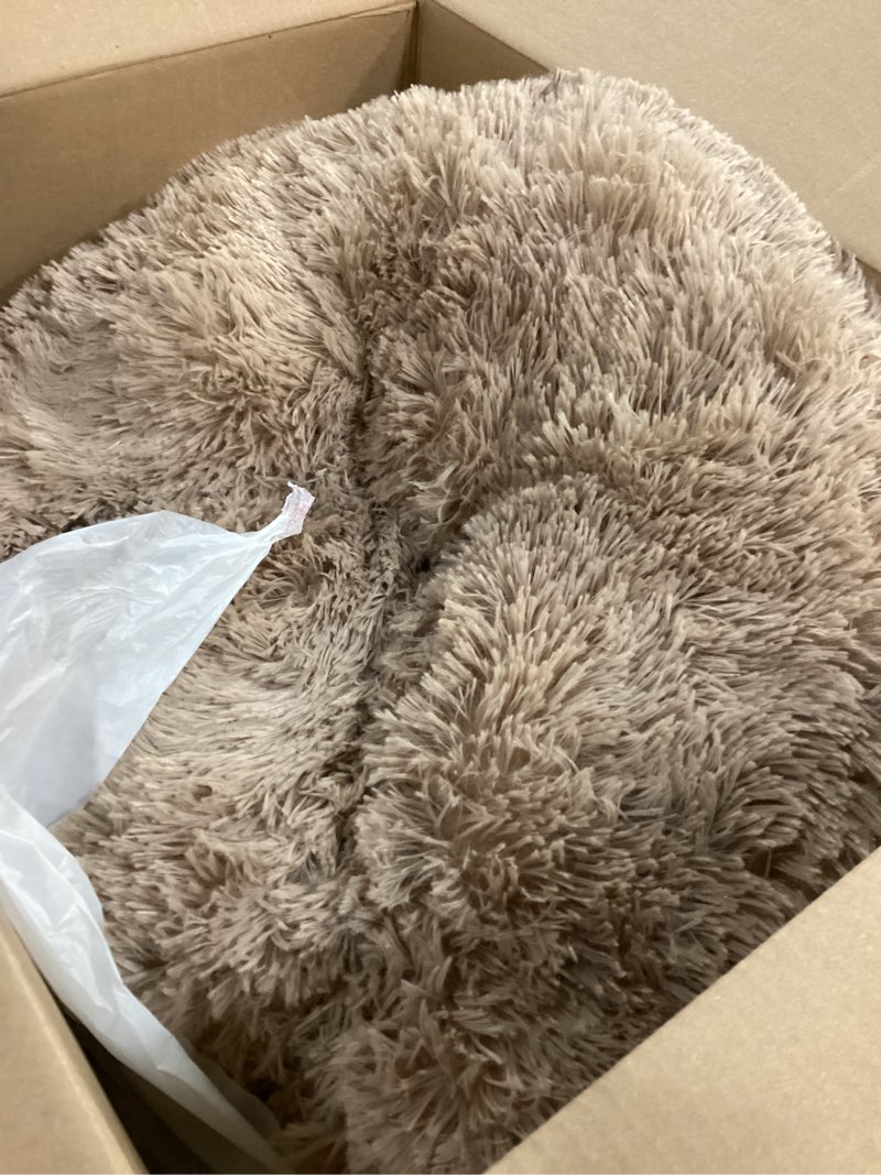 Condition photo showing Good Condition for Bedsure Calming Dog Bed for Small Dogs - Donut Washable Small Puppy Bed, 23 inches Anti-Slip Round Fluffy Plush Faux Fur Large Cat Bed, Fits up to 25 lbs Pets, Camel 23"L x 23"W x 8"Th Camel