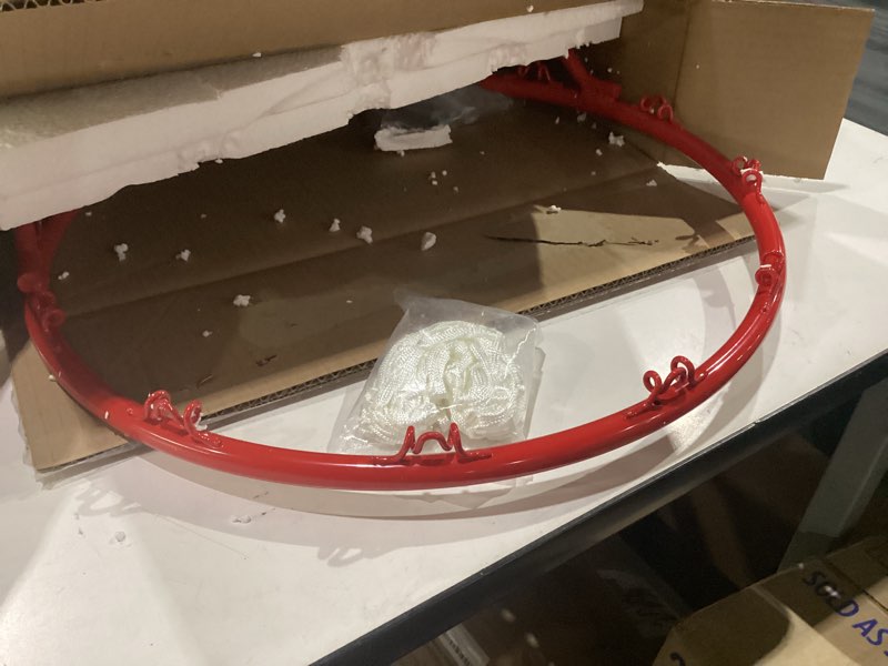 Condition photo showing New/Like New for spalding regulation size 18" steel basketball rim with net included | choose from fixed or breakaway | replacement rim for indoor or outdoor hoop breakaway - slam jam - red