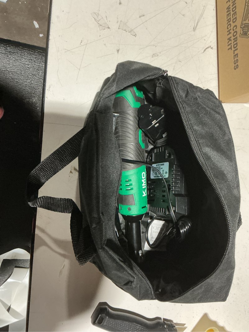 Condition photo showing New/Like New for KIMO 3/8" Extended Electric Ratchet Wrench Set, 400RPM 40Ft-Lbs 12V Cordless Ratchet Wrench w/ 2x2.0 Ah Batteries, 1Hour Charger, 7Sockets & 1/4" Adapter, Power Ratchet with Variable Speed & LED Light